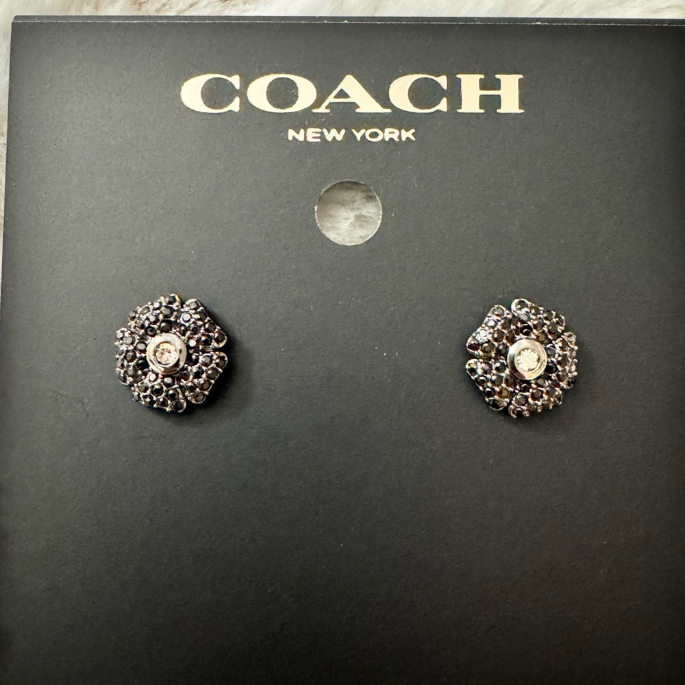 New COACH Sparkling Black and Silver Floral Stud Earrings